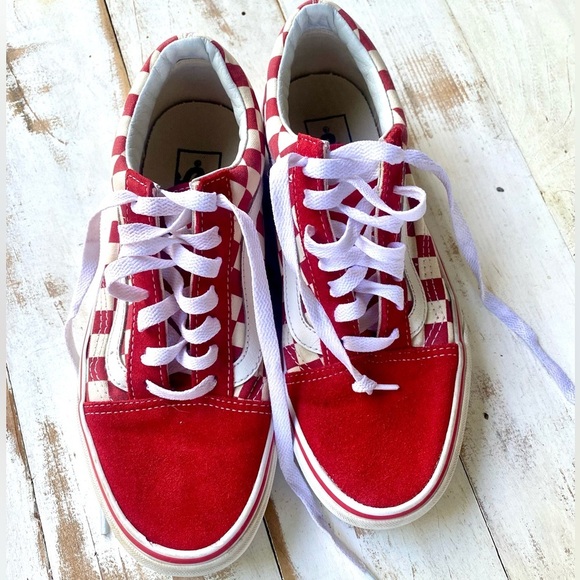 VANS Old Skool Red Checkerboard Sneakers canvas suede 7.5 skateboard streetwear - Picture 2 of 15